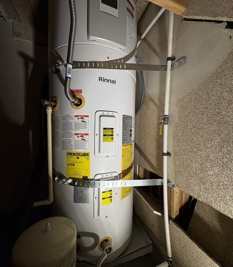 Rinnai hybrid water heater installed in a garage